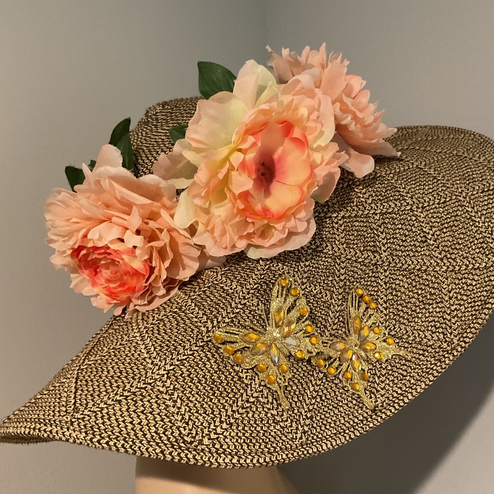 Daniele Meucci Straw Wide Kentucky Derby Floppy Hat Pink Flowers Butterfly